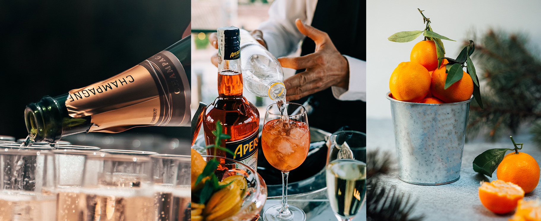 Collage of champagne being poured into flutes, man pouring aperol, and oranges in bucket.