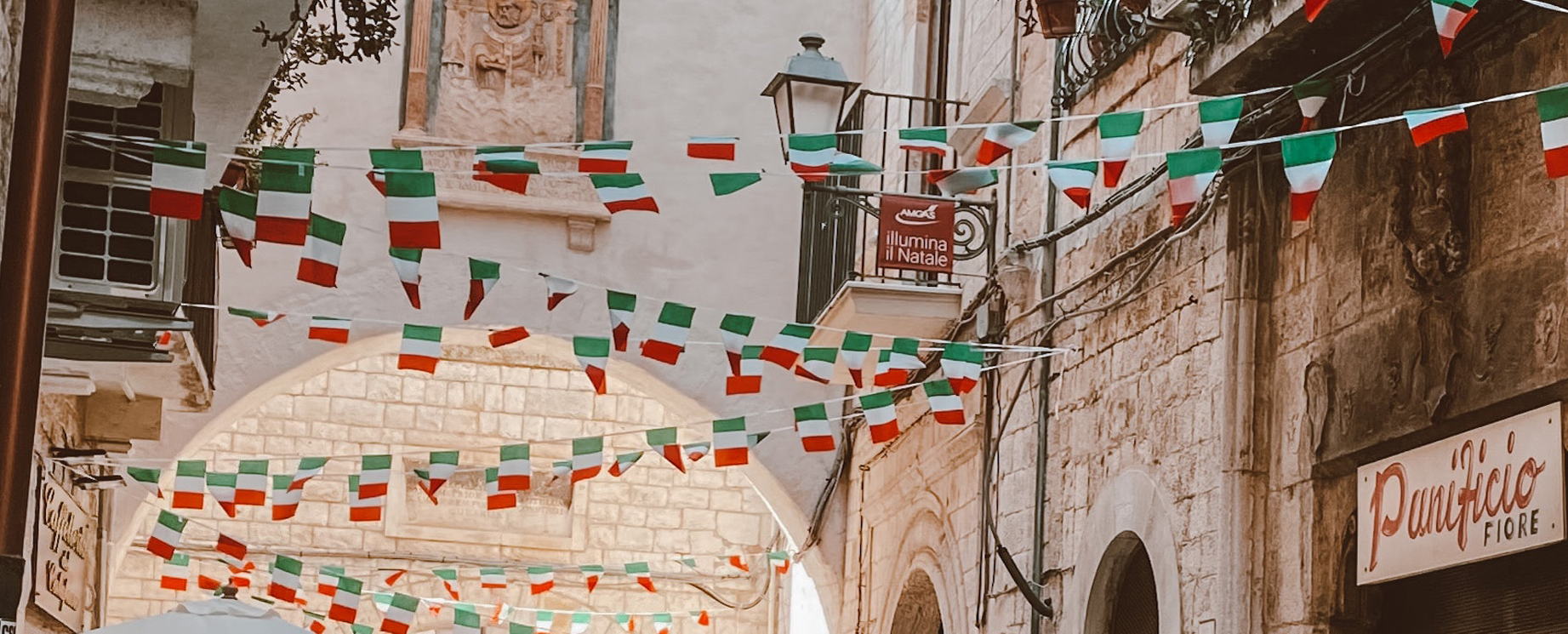 Garlands of the Italian flag strung across.